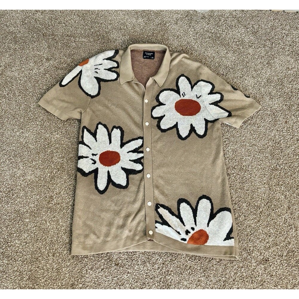 Abercrombie & Fitch Men's Large Knit Polo Shirt Tan Daisy Floral Short Sleeve
